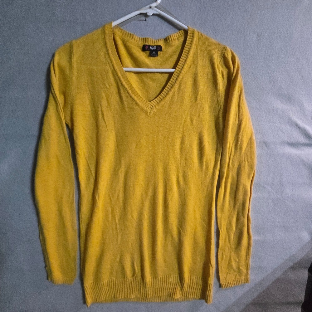 Myth Mustard Yellow V-Neck Knit Sweater Long Sleeve Ribbed Trim‎ XL